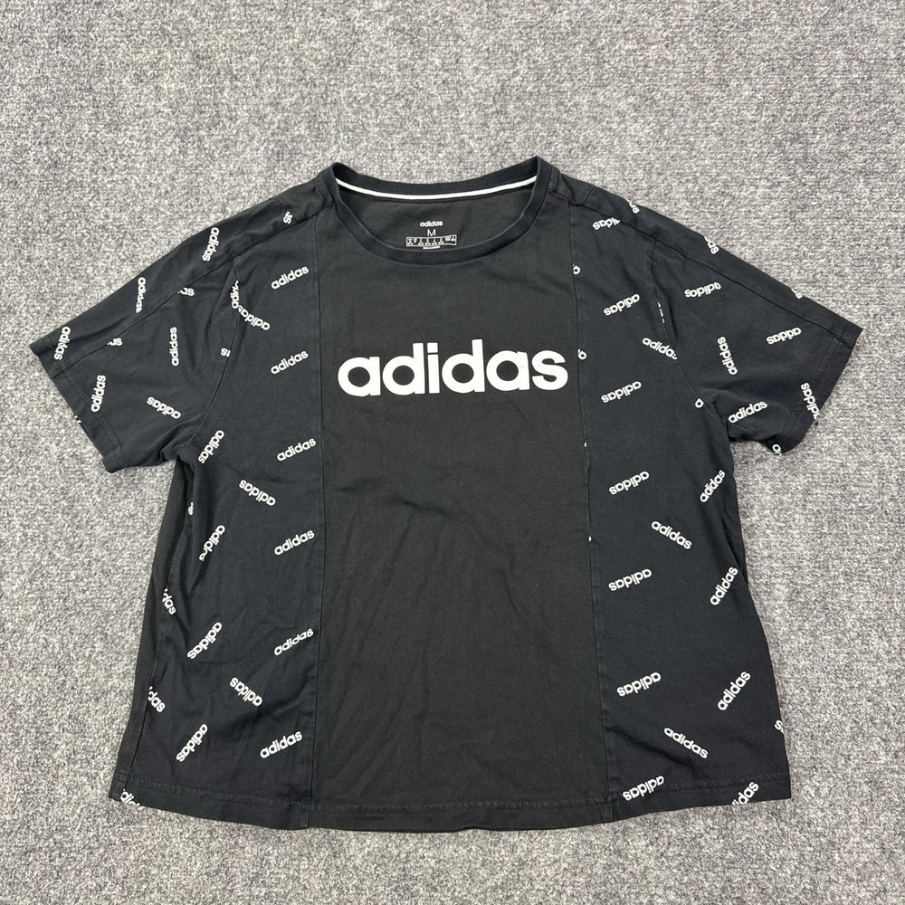 Adidas Shirt Womens M Black‎ Crew Neck Short Sleeve Allover Logo Graphic Tee